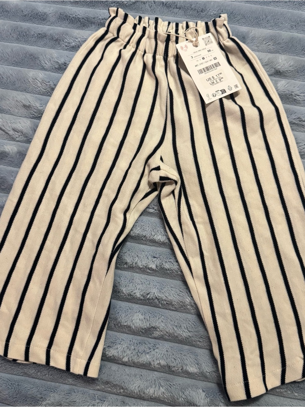 NWT ZARA Girls Wide Leg Pants Size 3Y 98 Cream Black Striped Elastic Waist